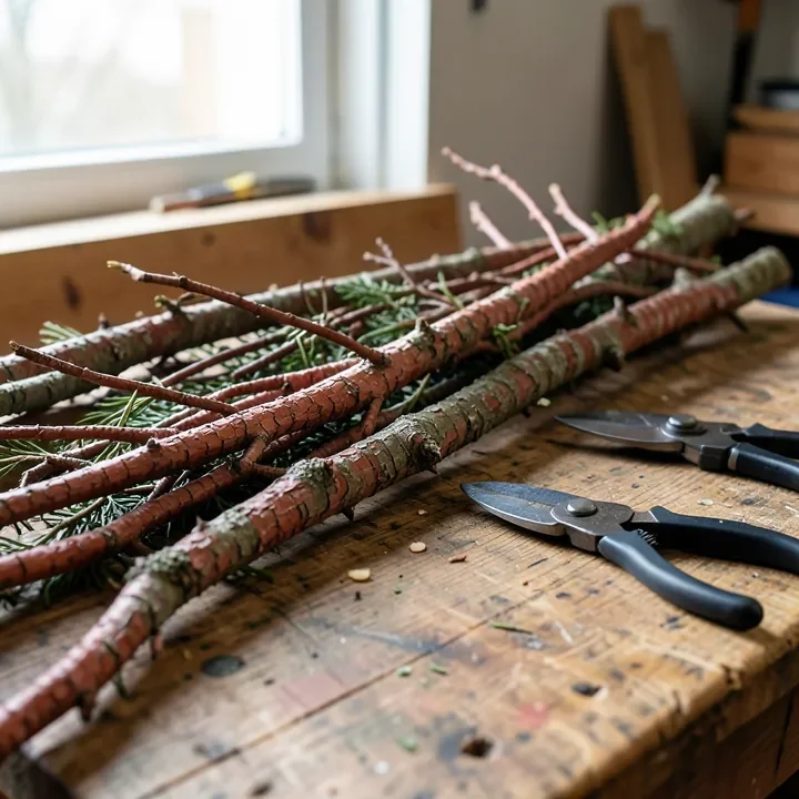 Freshly cut cedar branches on a workbench next to pruning shears