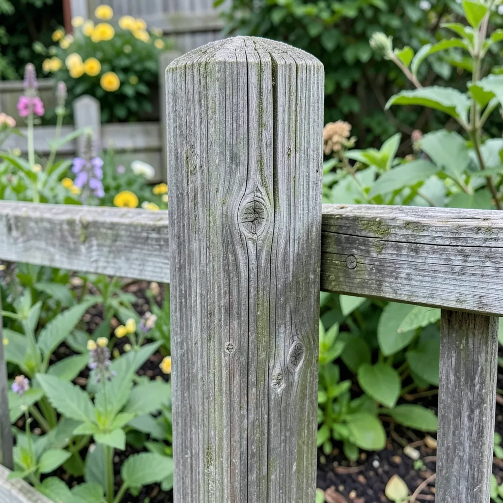 Weathered cedar fence post showing natural gray patina