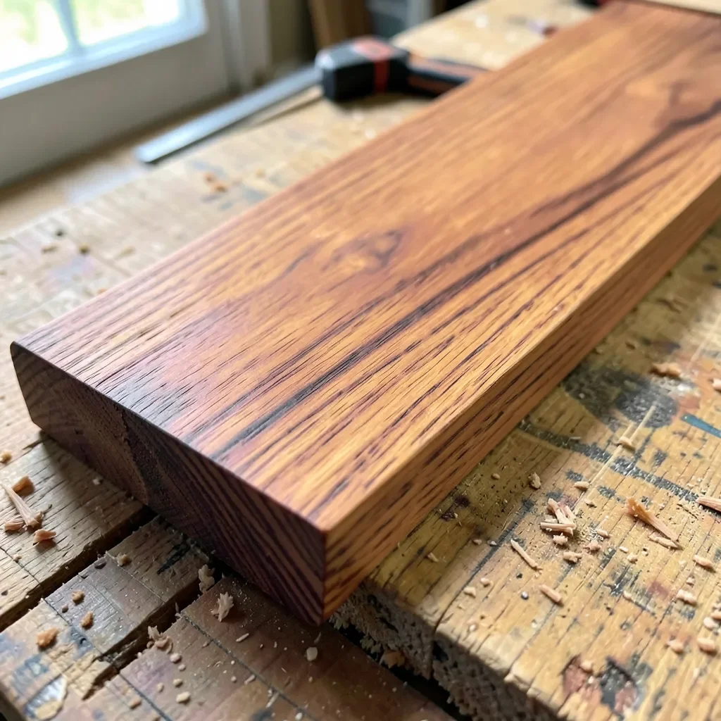 Close-up of freshly milled cedar elm lumber showing reddish-brown color with darker streaks and interlocked grain