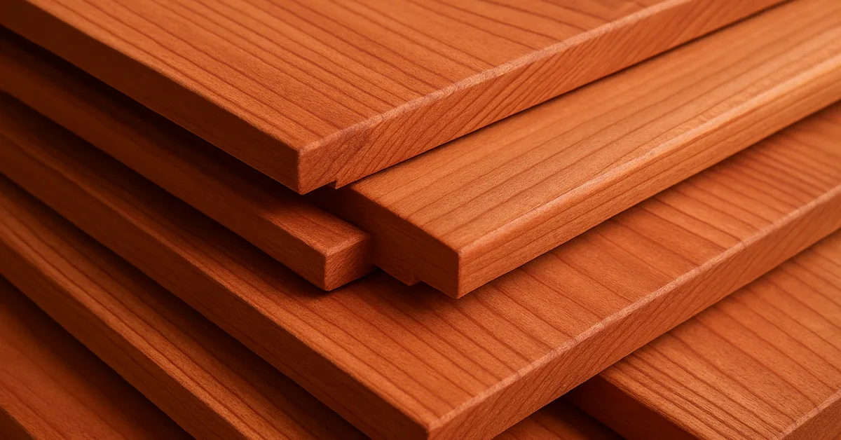 Stack of reddish aromatic cedar wood planks, close up of grain
