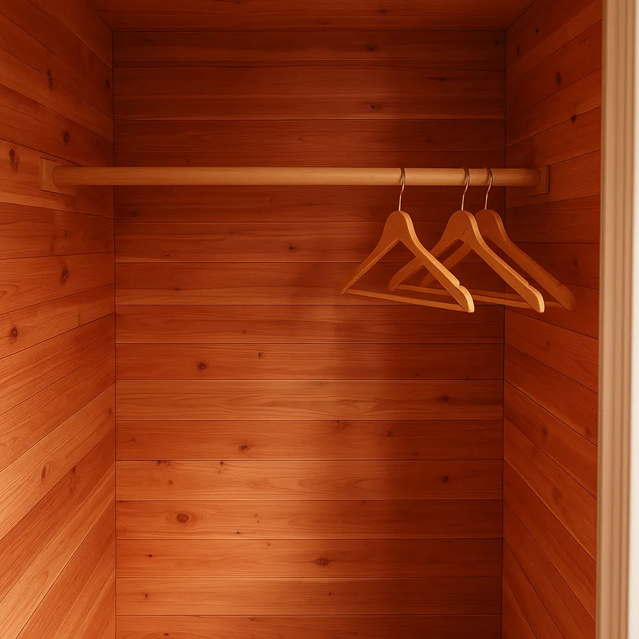 Interior of a small closet fully lined in reddish cedar tongue and groove panels with wooden hangers on the rod