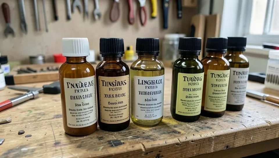 Cedar, linseed, and tung oil bottles compared