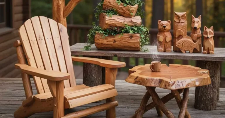 Rustic cedar log bench and planters built from repurposed cedar logs