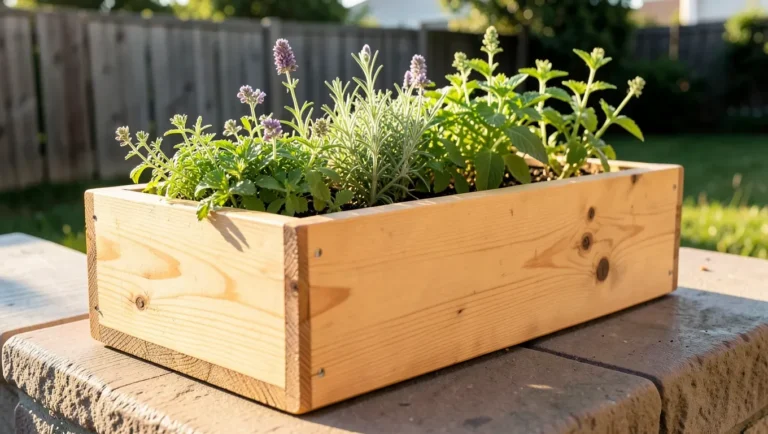 Handmade cedar wood planter box with herbs on a backyard patio