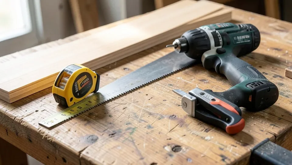 Tape measure, hand saw, cordless drill, and clamps on a workbench next to cedar planks