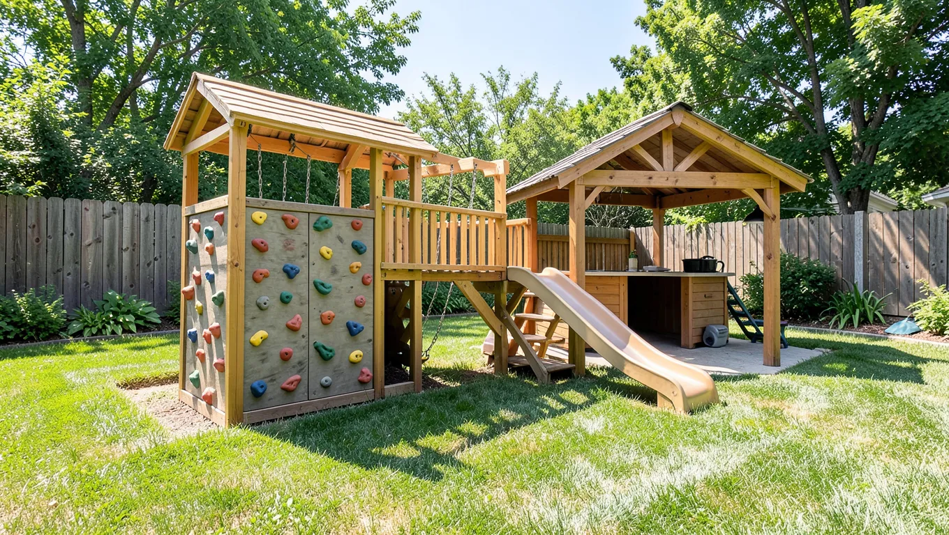 Cedar wood backyard playset with rock wall, slide, and clubhouse