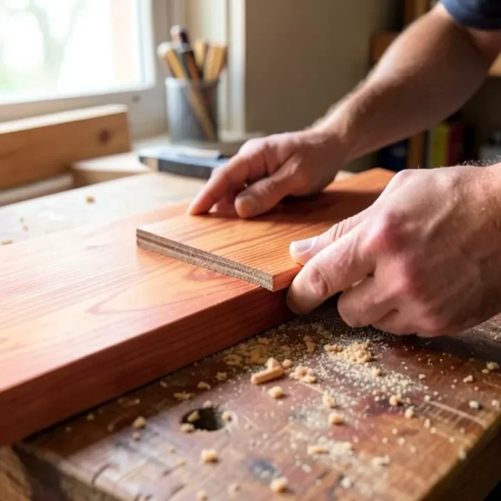 sanding the cut edge of a cedar plywood panel before sealing