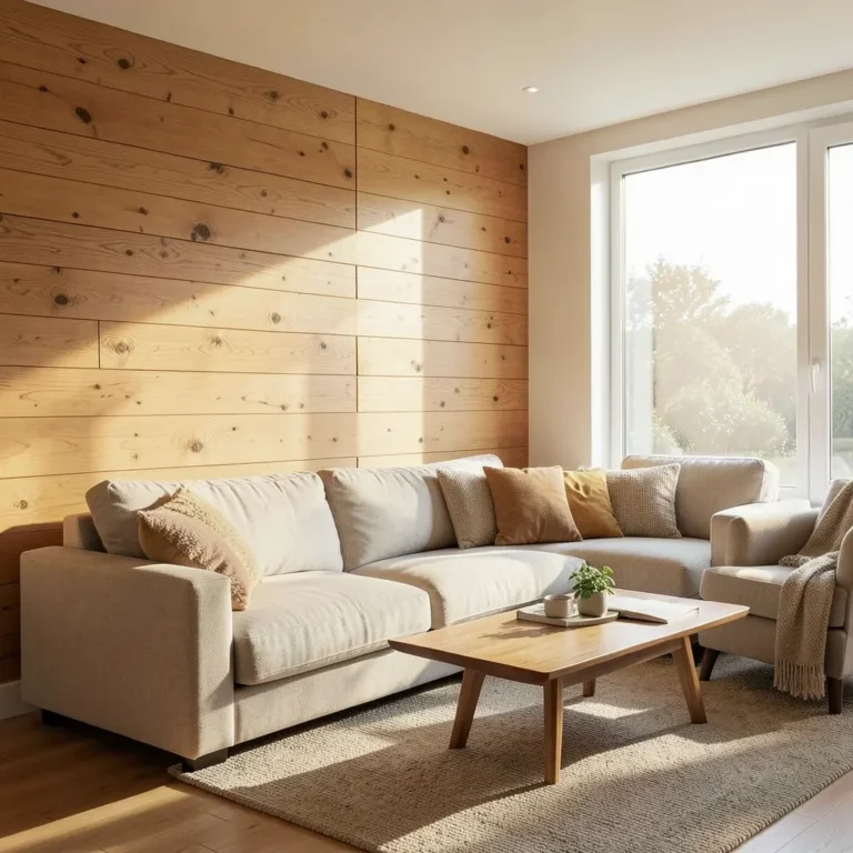 Living room with warm cedar wood plank wall paneling lit by sunlight from a large window