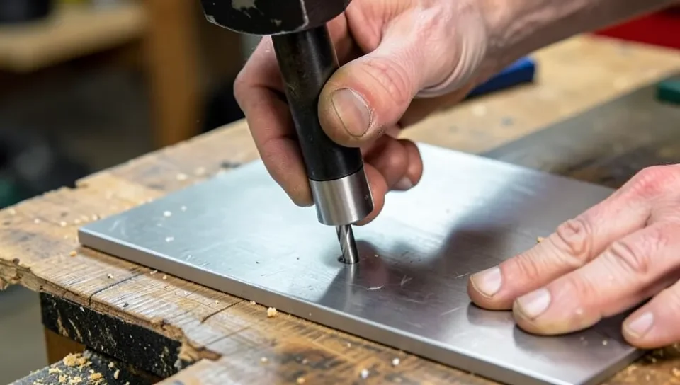 Using a center punch to mark a pilot point before drilling metal