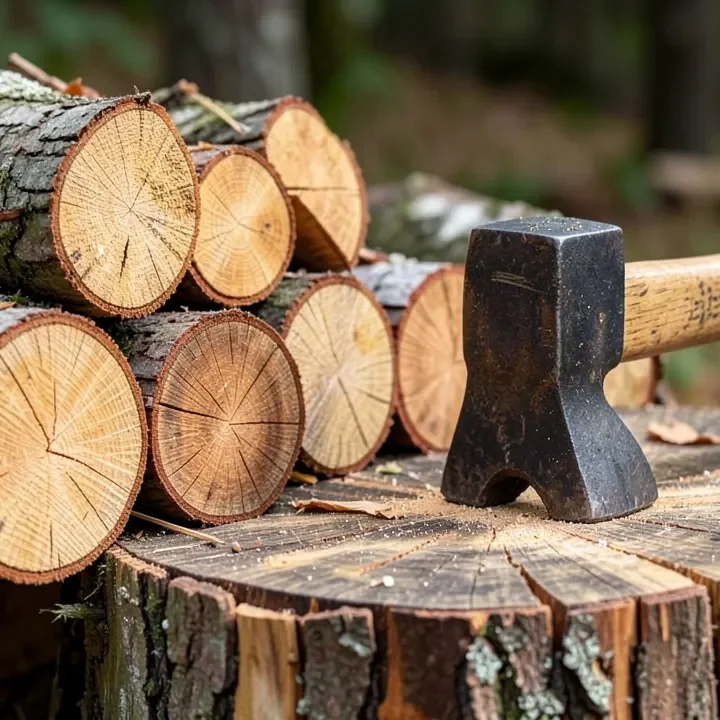 Firewood rounds stacked next to a splitting axe Firewood rounds stacked next to a splitting axe