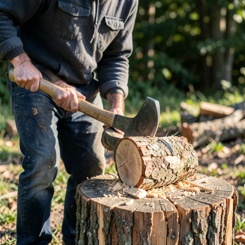 Person splitting a log with an axe on a chopping block