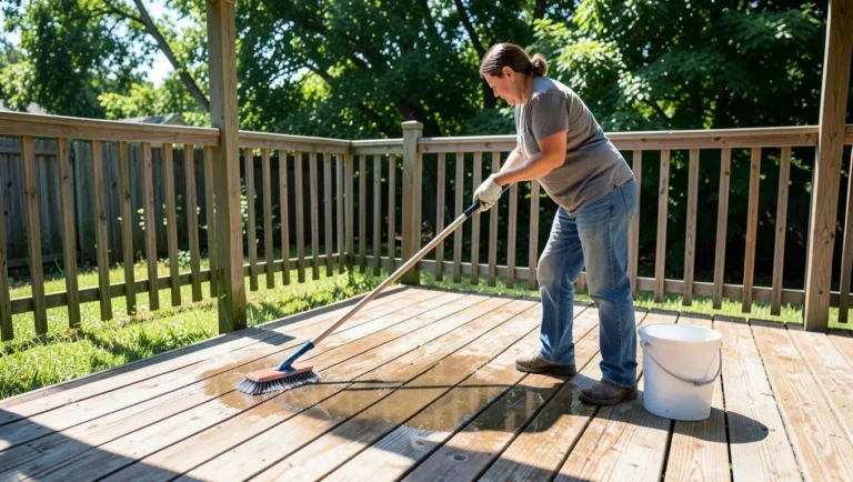 Homeowner scrubbing a wooden deck with a brush and oxygen-bleach cleaning solution