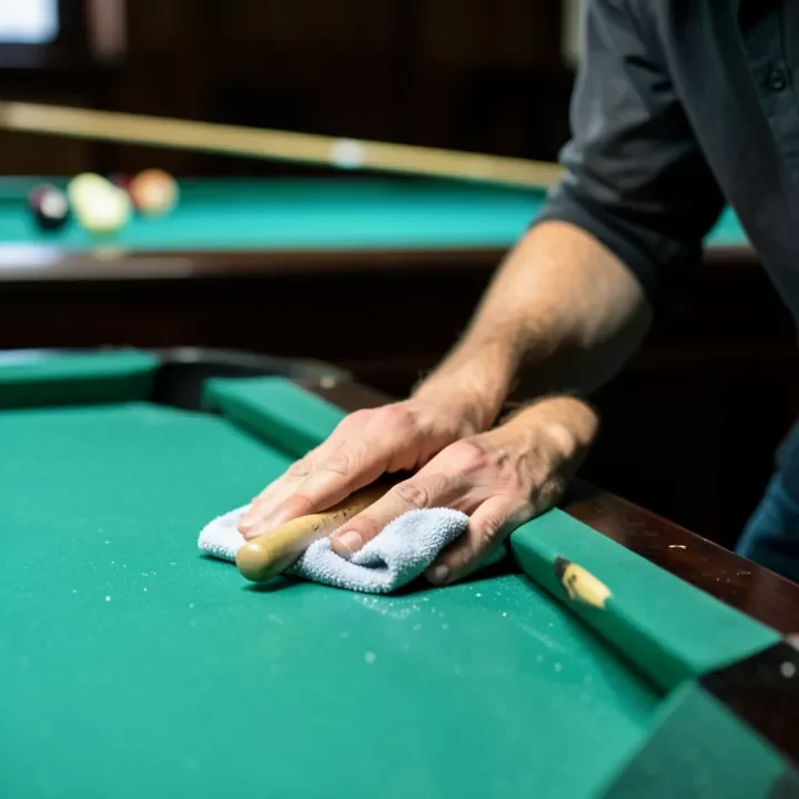 person wiping down a wooden pool cue with a soft cloth