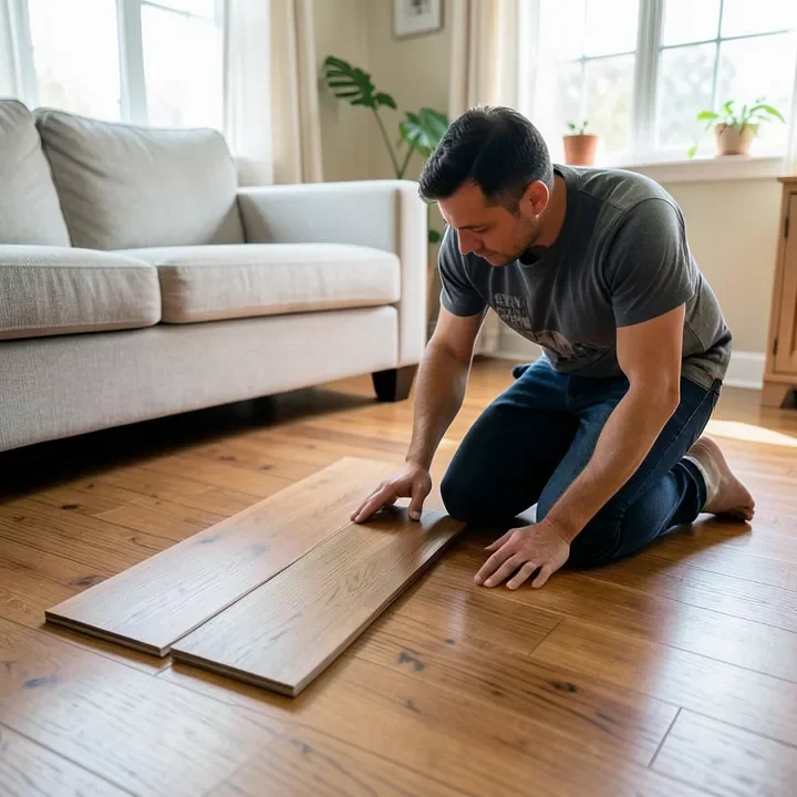Comparing two engineered hardwood flooring samples of different thicknesses on a living room floor Comparing two engineered hardwood flooring samples of different thicknesses on a living room floor