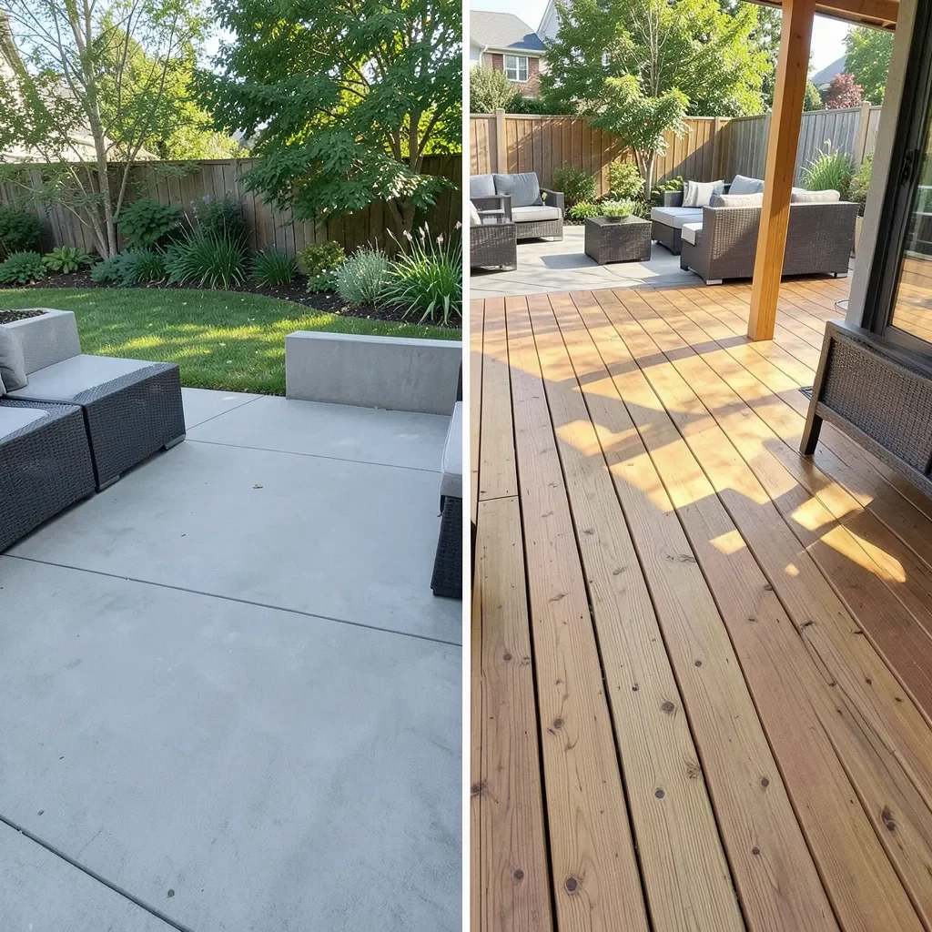 Side by side backyard concrete patio and wood deck comparison