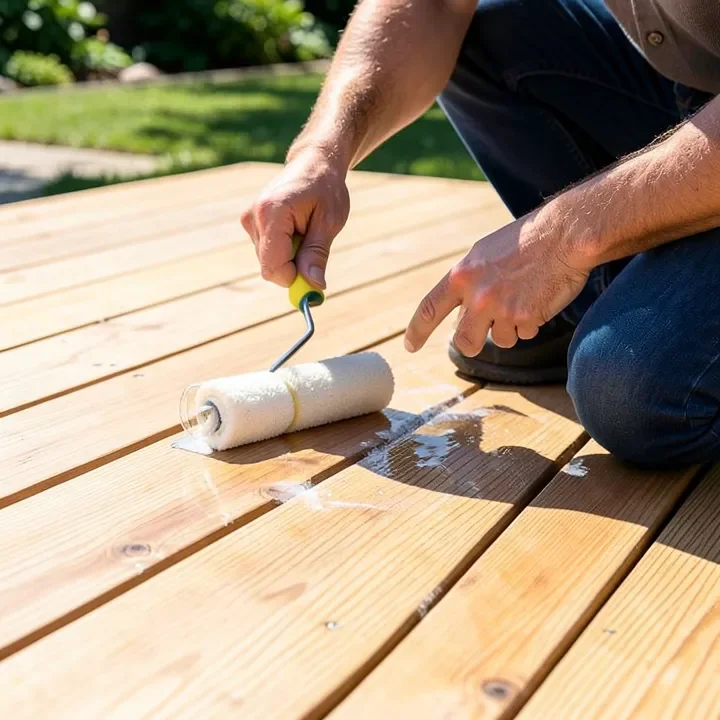 Homeowner applying sealant to a wood deck board with a roller