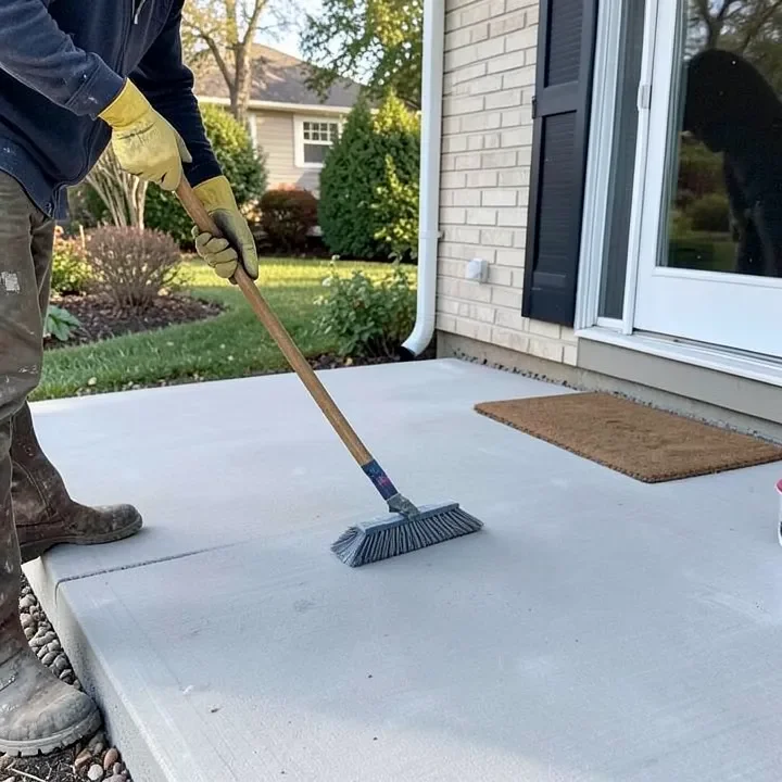 Homeowner sweeping a clean concrete patio slab with a push broom