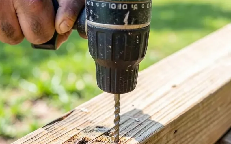 Driving a deck screw into pressure-treated lumber Cordless drill driving a screw into a pressure-treated deck board outdoors