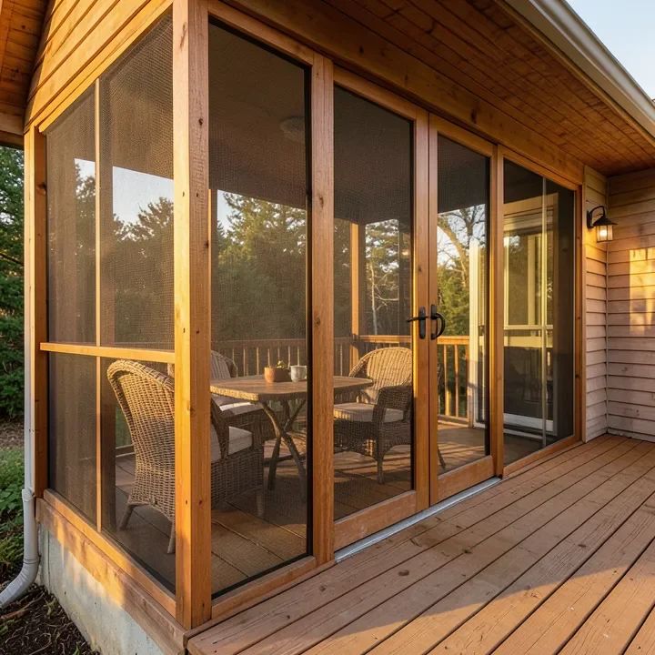 screened-in covered wood deck with wicker furniture visible through the screen mesh