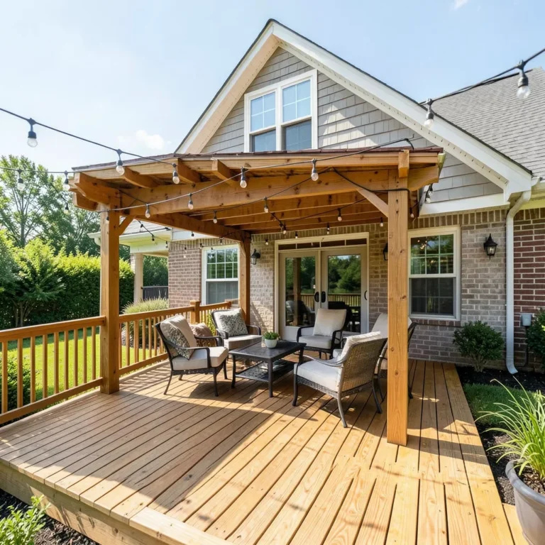 covered wood deck with a gable roof providing shade over outdoor furniture