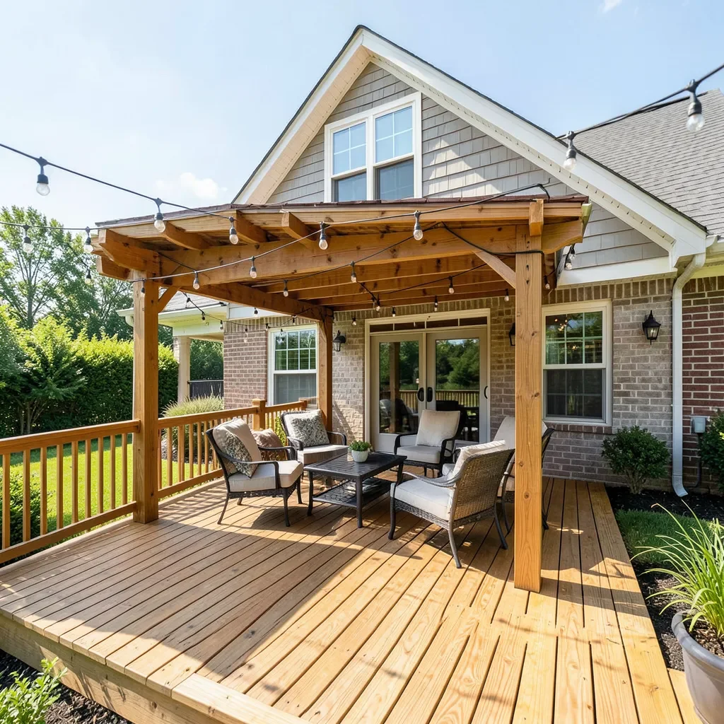 covered wood deck with a gable roof providing shade over outdoor furniture