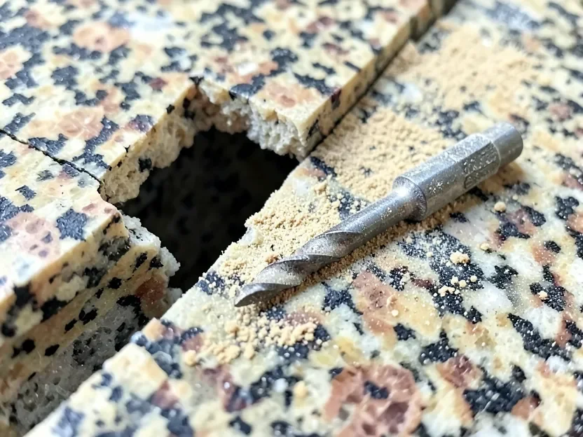 Chipped granite edge caused by dry drilling without water cooling or a diamond bit