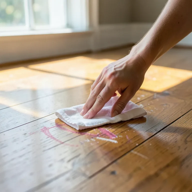 Wiping a crayon mark off a hardwood floor with a soft cloth