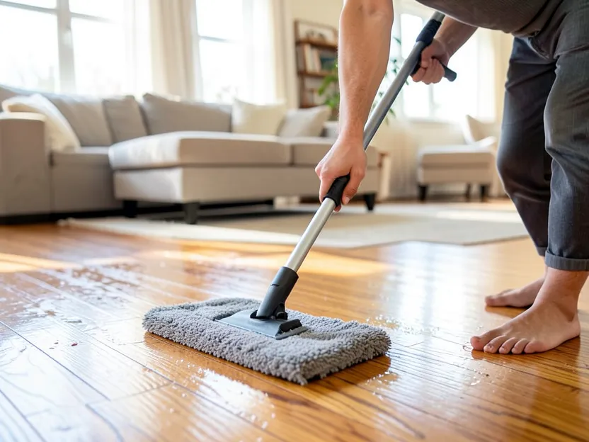 Damp mopping a hardwood floor with a gray microfiber flat mop