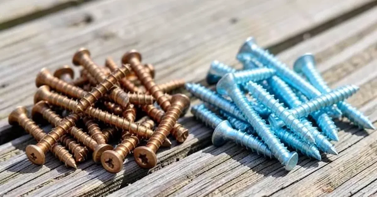 Bronze coated deck screws next to bright zinc wood screws on a wood deck board