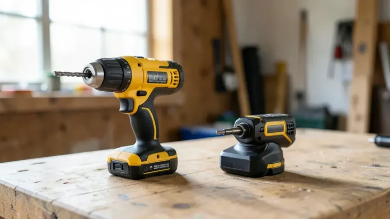 DeWalt cordless drill next to a compact DeWalt impact driver on a workbench