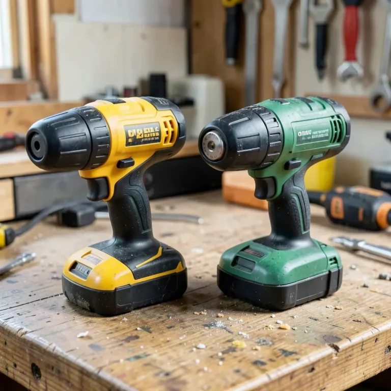 Two cordless drills side by side on a workshop bench for a brand comparison