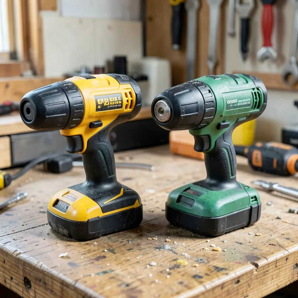 Two cordless drills side by side on a workshop bench for a brand comparison