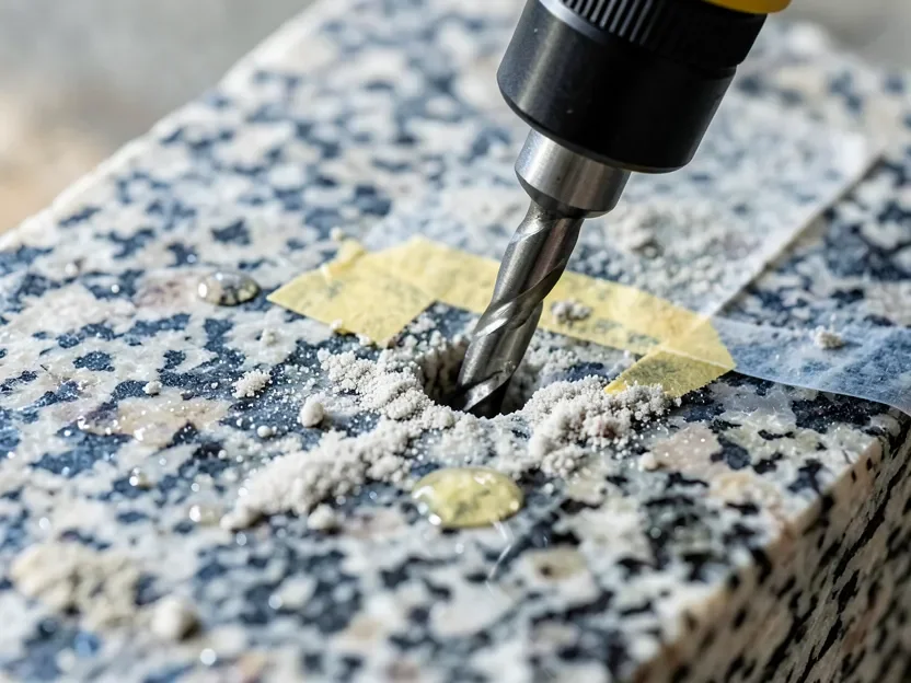 Diamond core drill bit starting a hole in granite at a slight angle with painter tape marking the spot