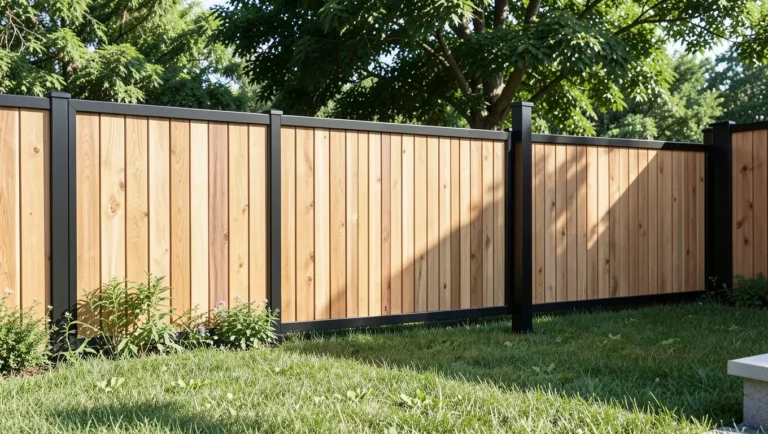 A DIY fence combining wood panels with metal posts