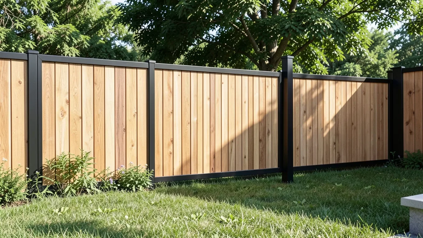 A DIY fence combining wood panels with metal posts
