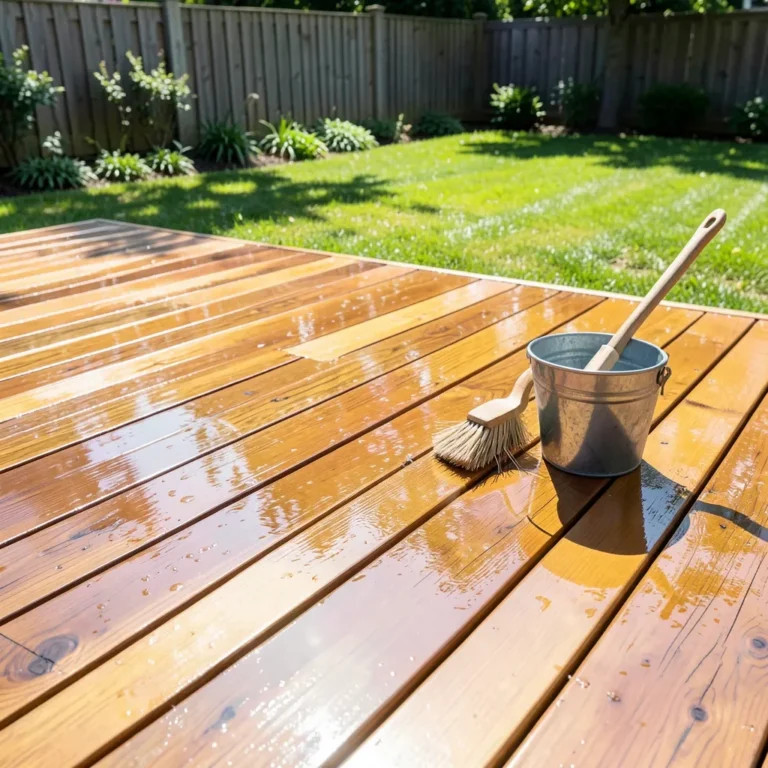 Clean wet wood deck after washing with bucket and deck brush nearby