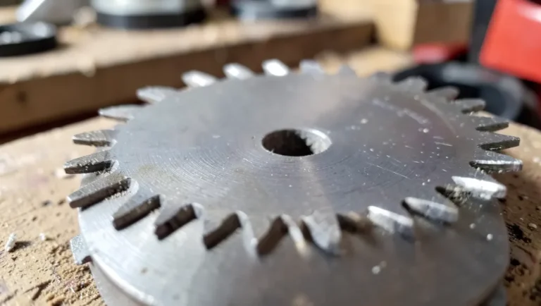 Close-up of a circular saw blade showing alternating angled carbide teeth
