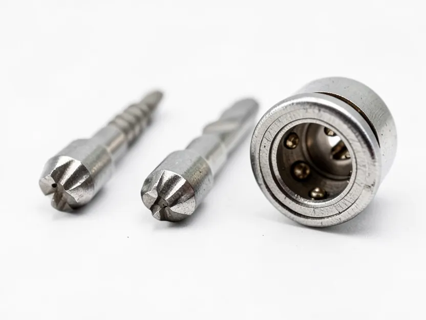 Metal drill bits in three sizes next to a pin tumbler lock cylinder