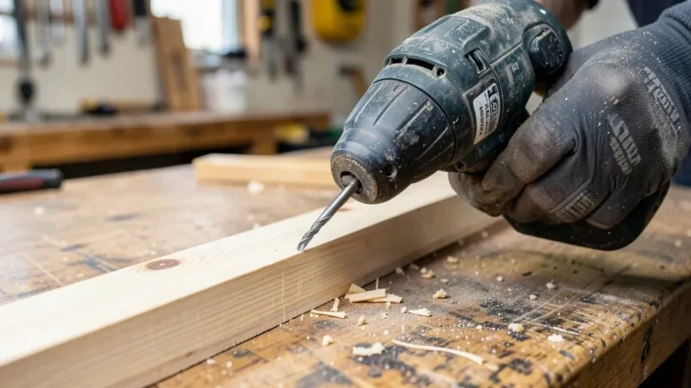 Cordless drill driving a screw into a pine board with a screwdriver bit