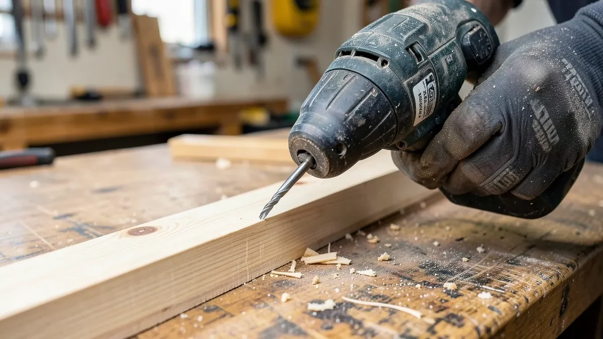 Cordless drill driving a screw into a pine board with a screwdriver bit