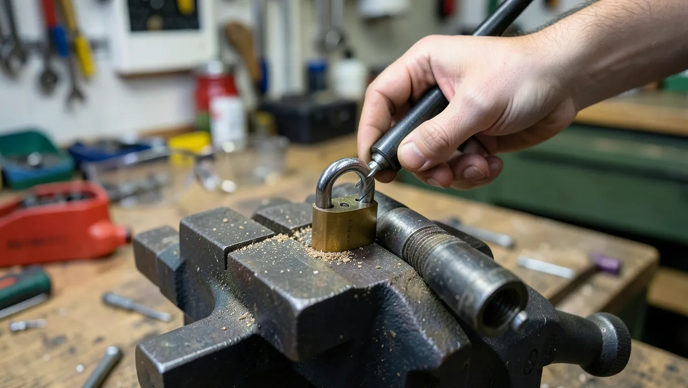 Drilling out a barrel lock cylinder with a power drill in a workshop