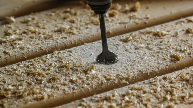 Drill bit cutting a hole in a board with fine chips around the hole