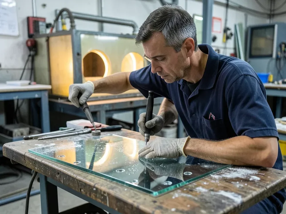 Glass fabricator drilling holes in a flat glass sheet before it goes into the tempering furnace