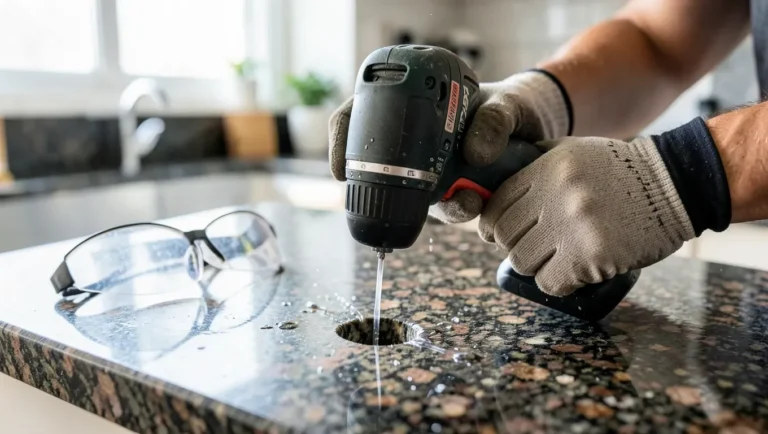 Gloved hands drilling into a granite countertop with a diamond core bit and water cooling