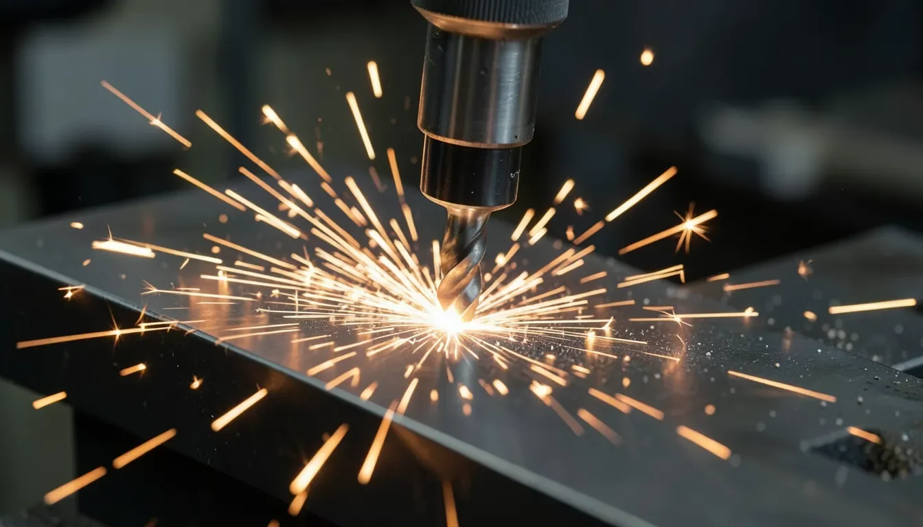 A metal drill bit cutting through steel