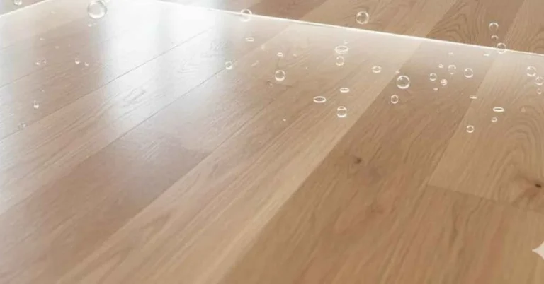 Water beading on the surface of a sealed engineered hardwood floor