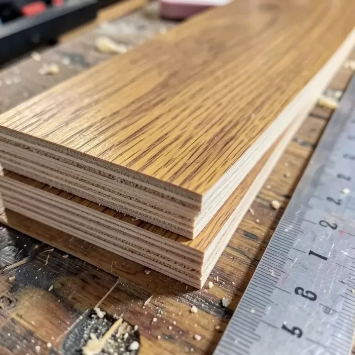 Cross-section of engineered hardwood planks showing wear layer, plywood core, and backing layers Cross-section of engineered hardwood planks showing wear layer, plywood core, and backing layers