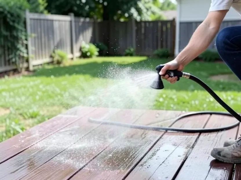 Rinsing a wood deck with a fan-tip spray nozzle held at a moderate distance to avoid gouging the boards