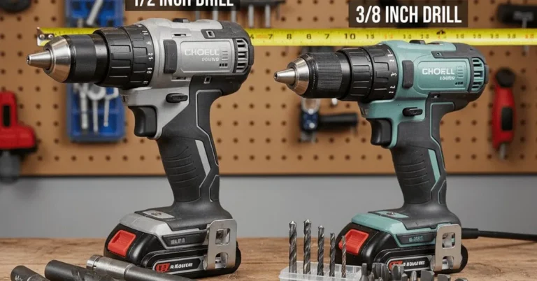 Side by side comparison of a 1/2 inch chuck drill and a 3/8 inch chuck drill with bits on a workbench
