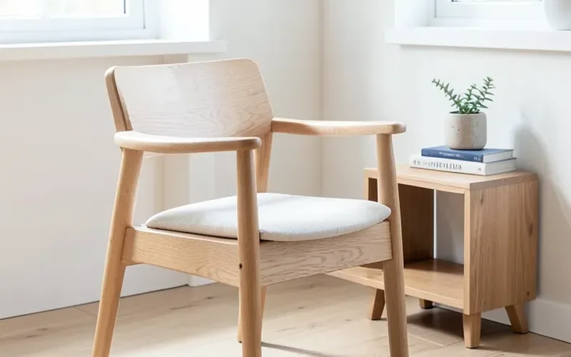 Finished light ash wood chair and small side table in a bright home interior
